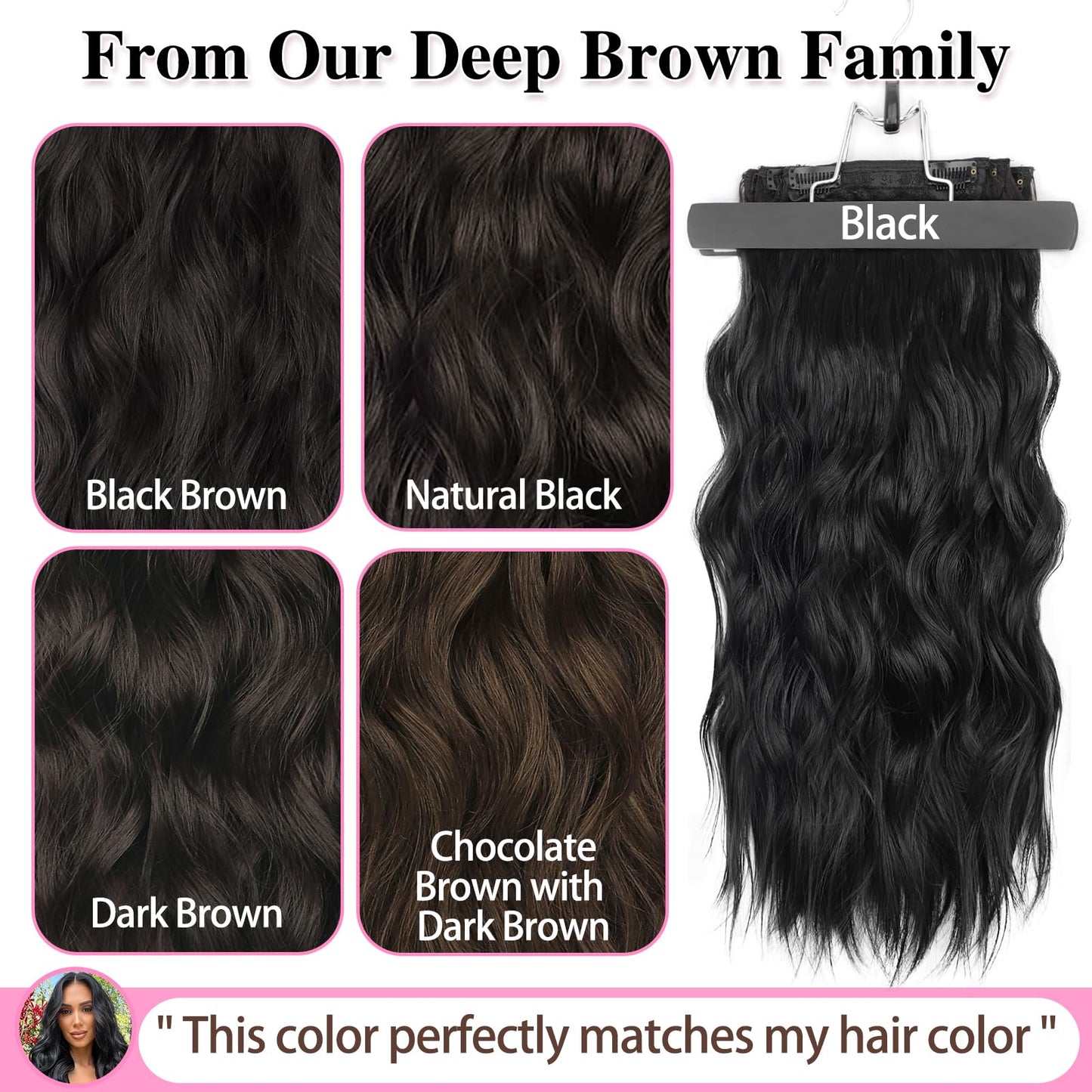 ALXNAN Clip in Long Wavy Synthetic Hair Extension 24 Inch Black 4PCS Thick Hairpieces Fiber Double Weft Hair for Women