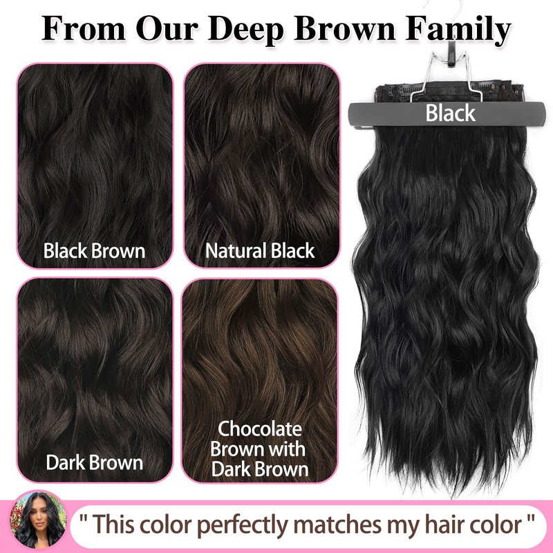 ALXNAN Clip in Long Wavy Synthetic Hair Extension 24 Inch Black 4PCS Thick Hairpieces Fiber Double Weft Hair for Women