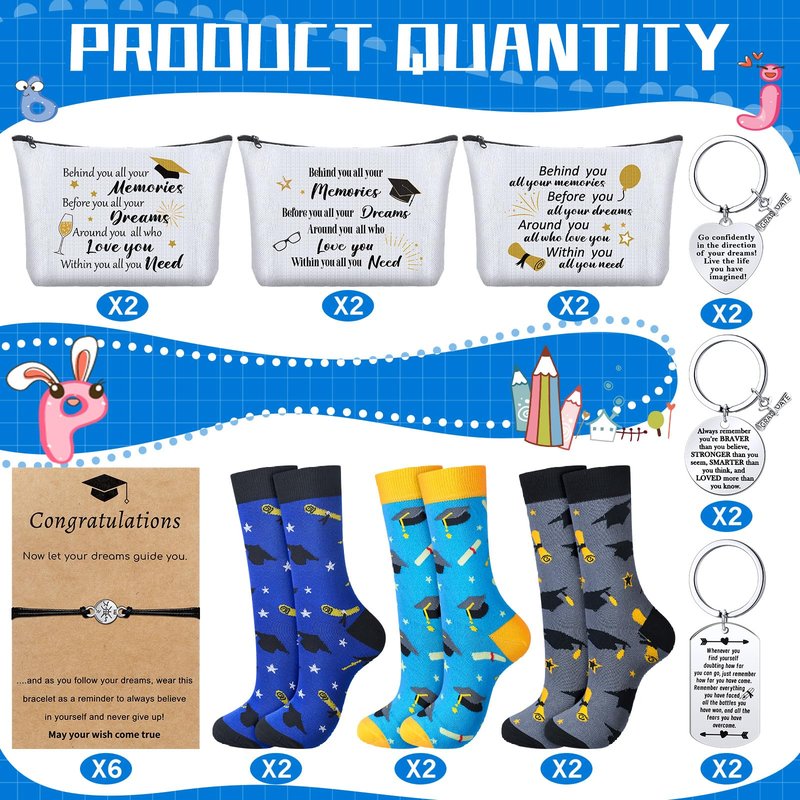 Jiuguva 24 Pcs Graduation Gifts Set Include 6 Grad Socks 6 Makeup Bags 6 Keychains 6 Compass Wristbands Congrats Grad Class of 2026 Graduation Gift for Her Him