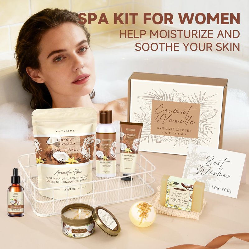 Gifts for Women Happy Birthday Gift Baskets, Bath and Body Gift Set Mothers Day Gifts, Vanilla Coconut Relaxing Home Spa Set Self Care Gift for Mom Sister Her Wife Grandma Girlfriend Friends