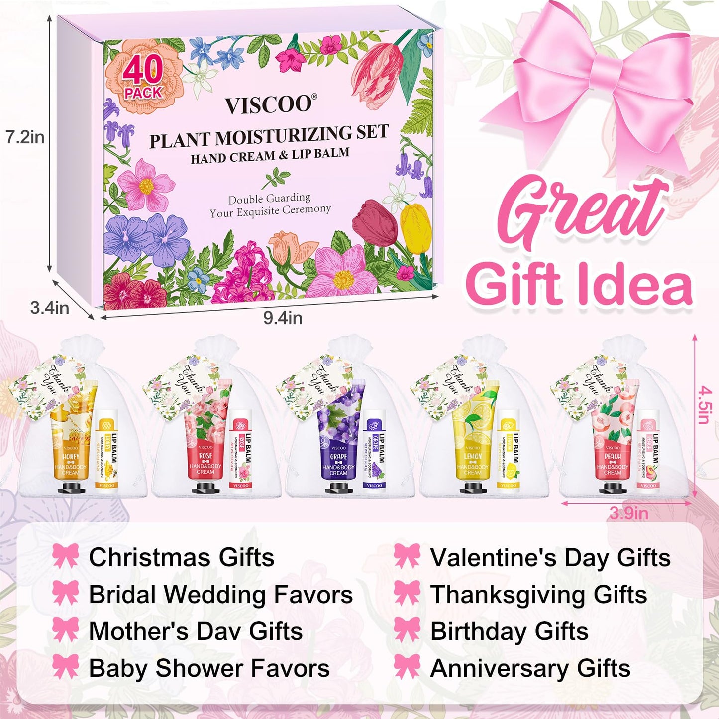 VISCOO 40 Sets Hand Cream Bulk and Lip Balm Bulk Gifts, Stocking Stuffers for Women Teengirls, Christmas Gifts,Bridesmaid Gifts for Guests with Thank You Card Organza Bags,Thank You Gifts, Small Gifts