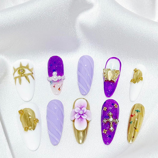 3D Flower Design Press-On Nails - Handmade Almond Shape, Reusable Fake Nails for Women (10pcs, Mermaid Summer, Medium)