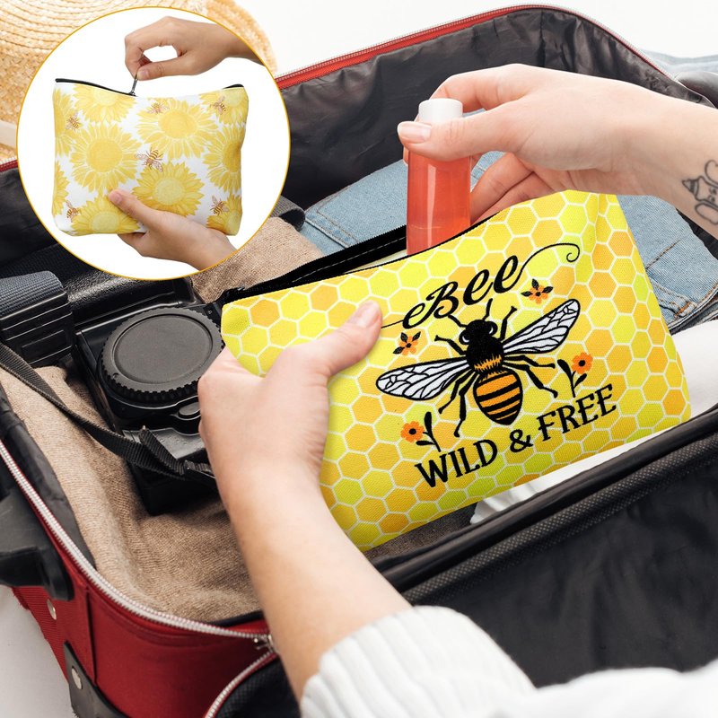 Bulyoou 16 Pcs Funny Bee Makeup Bags Travel Pouch Honey Inspirational Cosmetic Bags with Zipper Toiletry Bag Purse Bulk Bee Gifts for Women Birthday Gifts