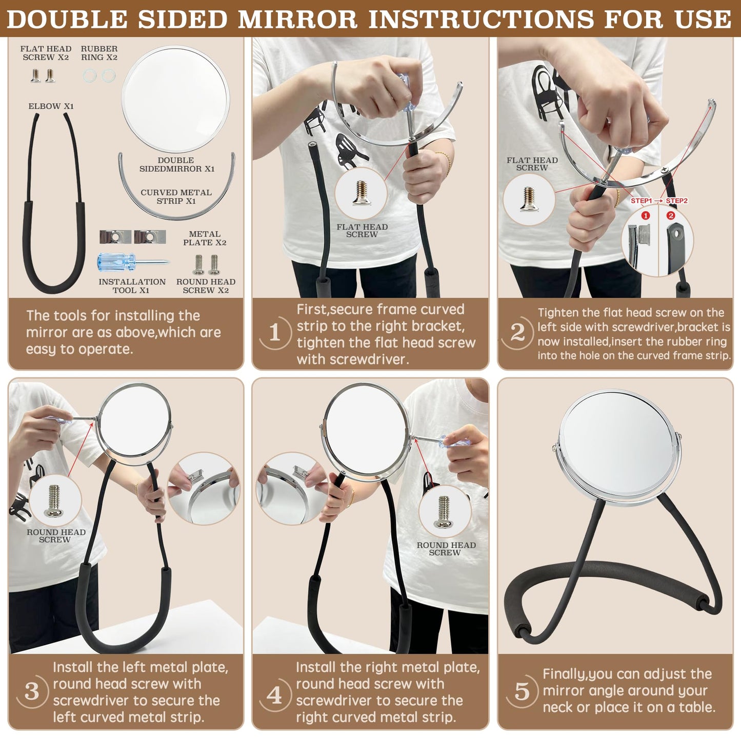 XWZMR Neck Mirror to See Back of Head, Double Sided Mirror Around Neck Hands Free, 6.7" Standard and 5X Magnification,360 Rotating, Adjustable Neck Strap for Women Travel Makeup Braiding