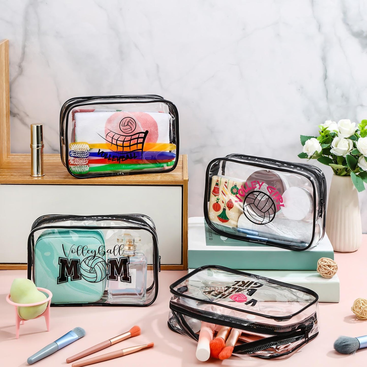 Abbylike 12 Pcs 7 x 4.7 x 2.4'' Volleyball Theme Cosmetic Bag Gifts Accessories for Makeup Bags PVC Clear Cheer Case Toiletry Zipper Pouch for Team Women