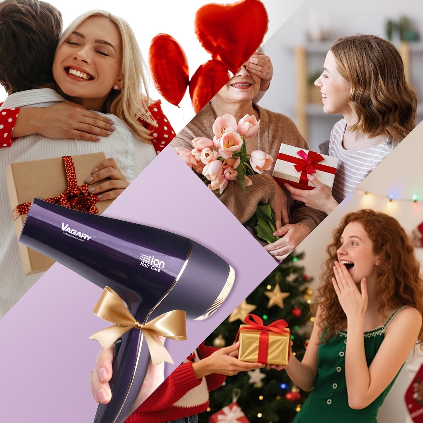 VAGARY Hair Dryer with Diffuser Concentrator, 2200W Professional Salon Ionic Blow Dryer for Frizz Free Smooth Hair, Featuring 2 Speeds and 2 Heat Settings, Cool Shot Button(Purple)