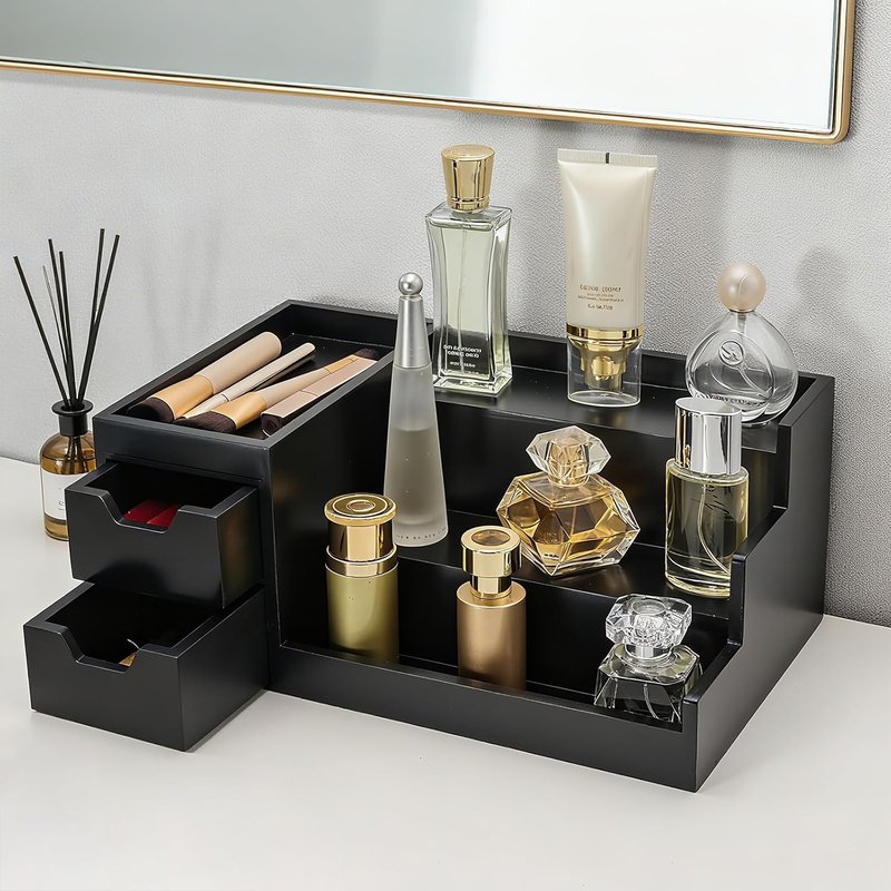 Perfume & Makeup Organizer - Stylish Wooden Rack for Cologne & Skincare | Black