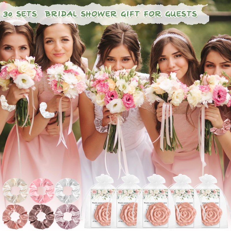 XunYee 30 Sets Rose Compact Mirror Bulk Bridal Shower Favors for Guests Mother's Day Souvenir Gifts Hair Ties Elastic Scrunchies, Thank You Card and Organza Bags for Wedding Quinceanera(Pink)