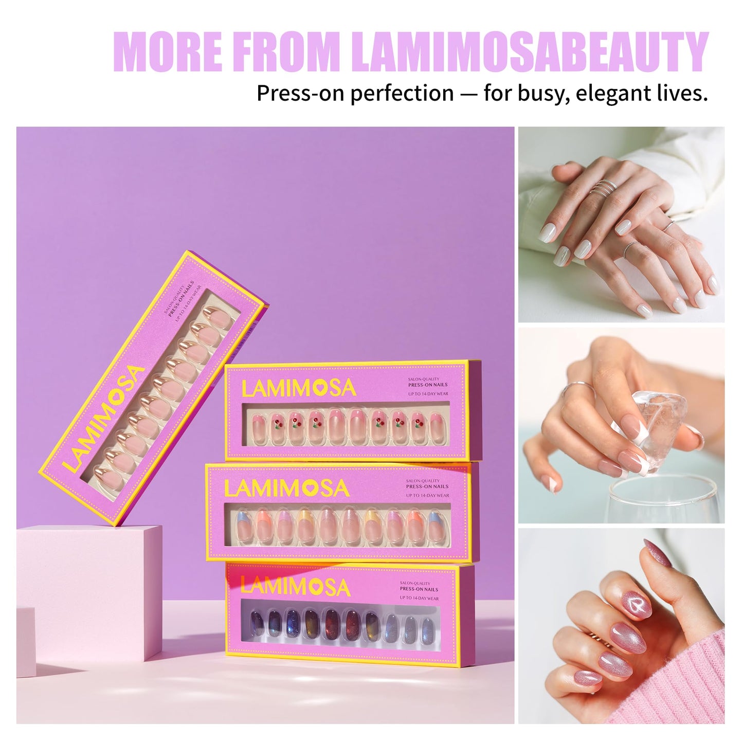 LAMIMOSA 32Pcs French Tip Press on Nails Medium Square – Soft Gel Fake Nails in 16 Sizes, Reusable Semi-Transparent Glue on Nails kit, BALLERINA
