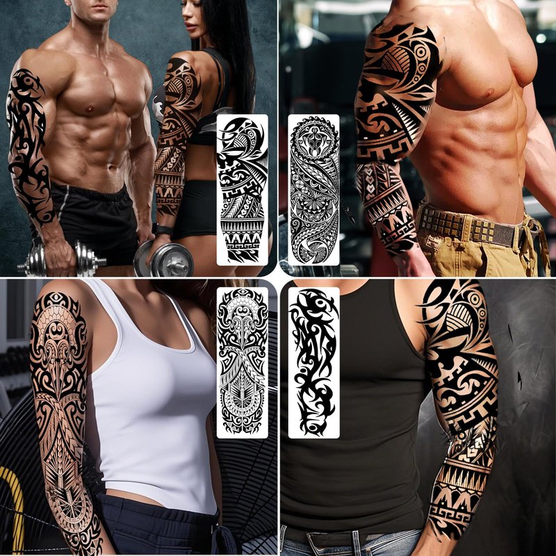 6 Sheets Full Arm Temporary Tattoos, Large Black Totem Tattoo Sleeves, Realistic Fake Tattoos for Men and Women, Waterproof and Long Lasting Tribal Tattoo Stickers for Cosplay, Parties, and Halloween