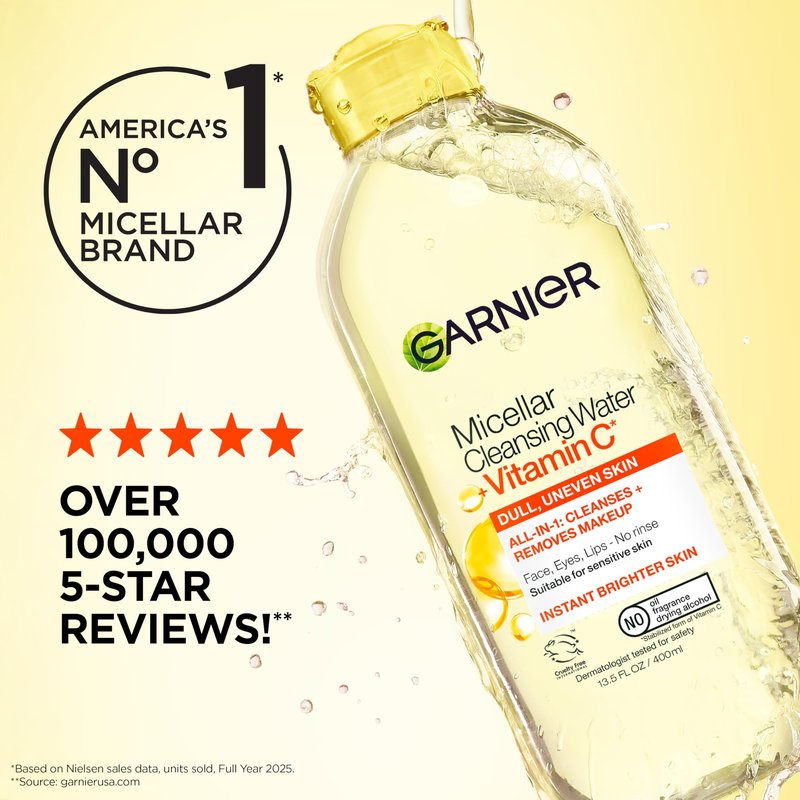Garnier Micellar Water with Vitamin C, Facial Cleanser & Makeup Remover, Brightening & Hydrating, For All Skin Types, Vegan, Cruelty Free, 13.5 Fl Oz (400mL), 2 Count