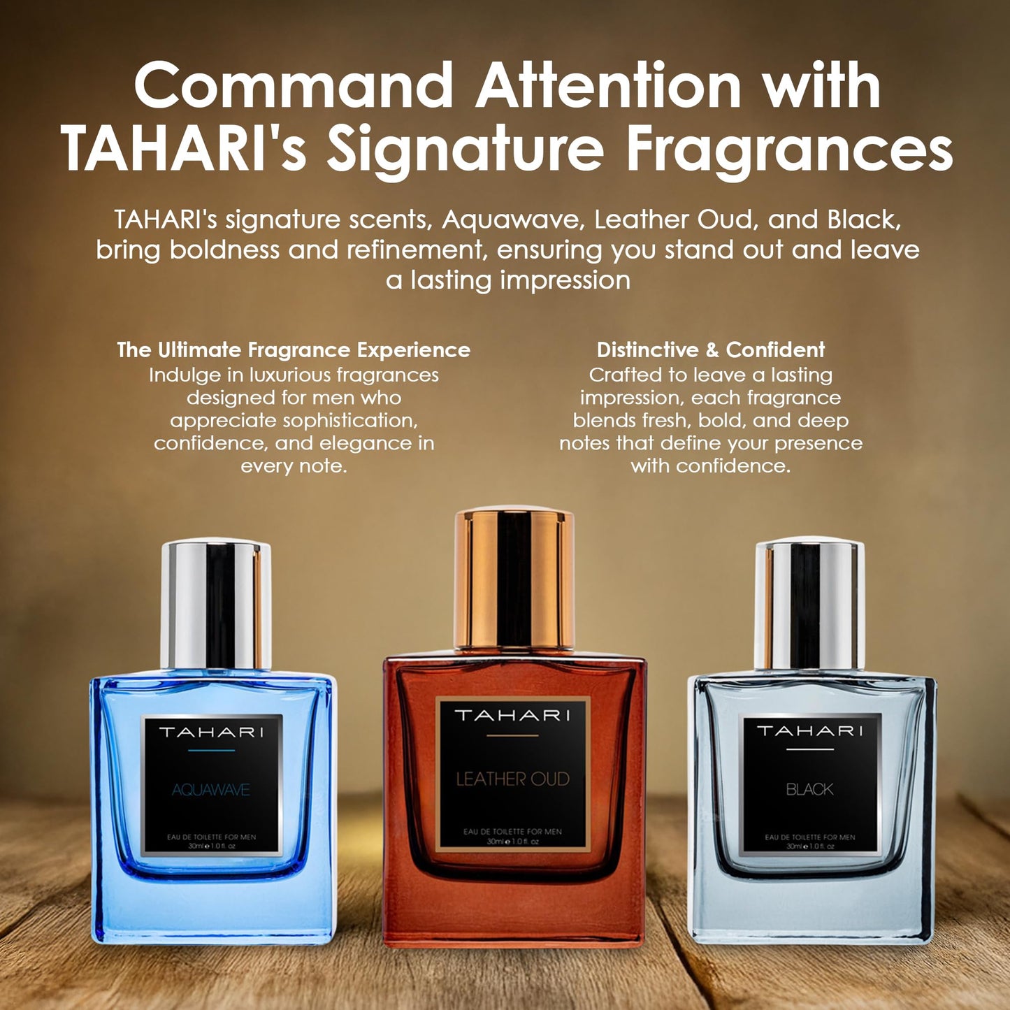TAHARI Men’s Eau de Toilette Trio Set for Men – Leather Oud, Aquawave & Black Scents – Luxury Fragrance Collection with Rich, Long-Lasting, Contemporary Masculine Aromas, 3 x 1.0 fl oz / 3 x 30 mL.