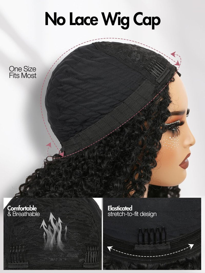 quickwig Curly Half Wig Water Wave Glueless Wigs 3 In 1 Seamless Short Half Wigs for Black Women Kinky Curly Half Wig Wear and Go Beginner Friendly Synthetic Headband Wig 16 Inch Black Color