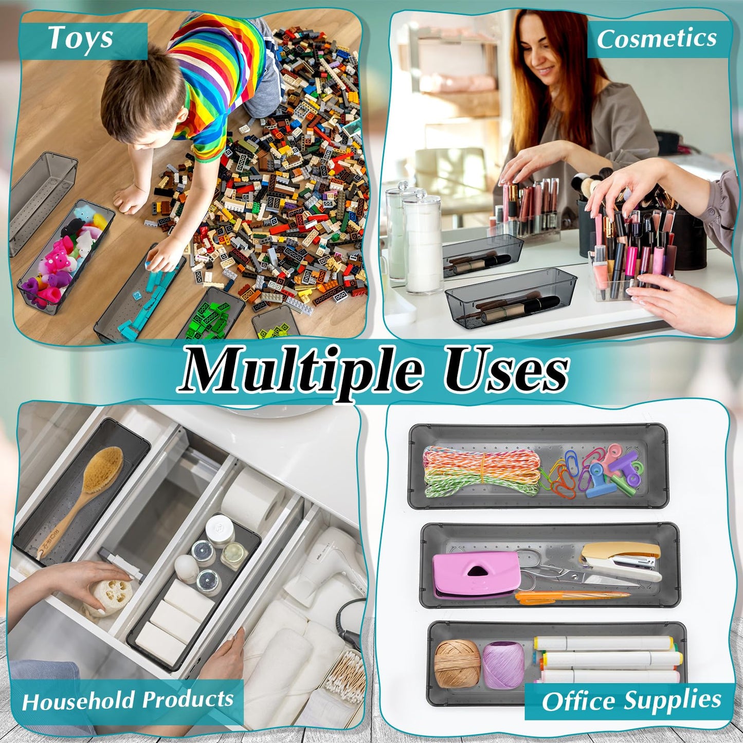 Maitys 12 Pcs Clear Drawer Organizer 9 x 3 x 2 Inches Plastic Rectangle Trays Makeup Vanity Storage Bins and Kitchen Drawers Dividers for Office Desk Silverware Kitchen Utensils(Champagne)