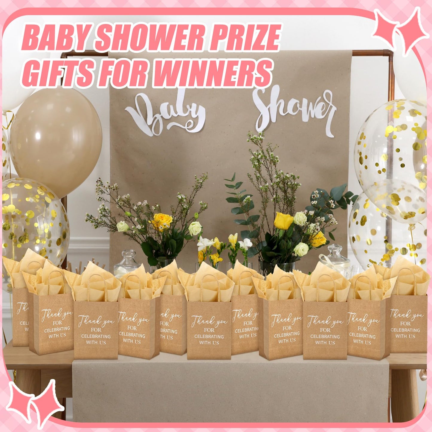 CraftyDream 6 Sets Baby Shower Prizes for Game Winners Thank You Gift Bags with Tissue Paper Sunglasses Square Hair Clip Hair Scrunchies Headband Bath Sponges for Baby Shower Bridal Shower Game Gifts