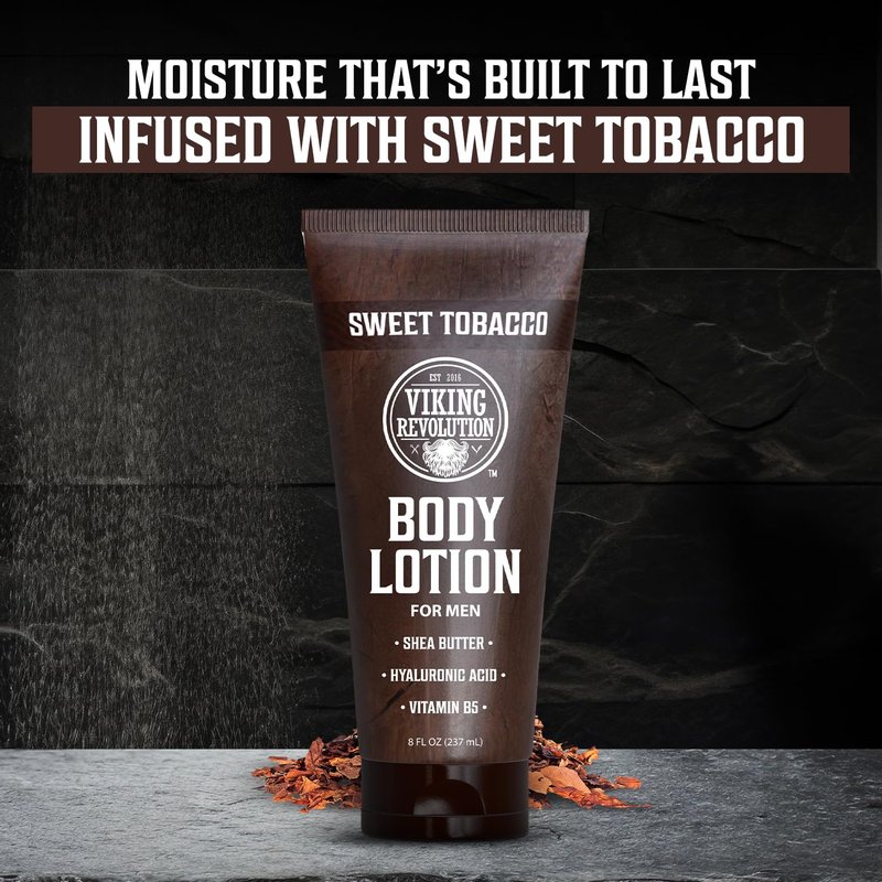 Viking Revolution Sweet Tobacco Body Lotion for Men –Mens Lotion for Dry Skin with Shea Butter, Hyaluronic Acid and Vitamin B5 – Nourishing Mens Body Lotion for Hydrated and Smooth Skin (8oz, 1 Pack)