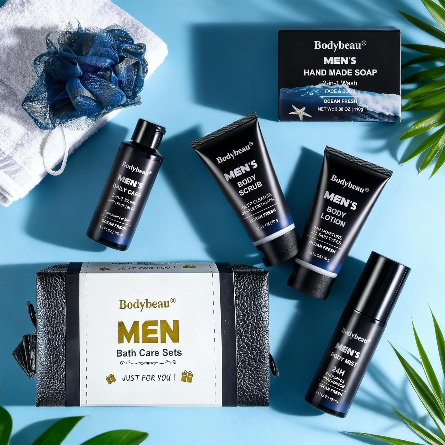 Men's Bath and Body Spa Gift Set - 7-Piece Skin Care Collection with 3-in-1 Face Wash, Handmade Soap & Travel Bag | Perfect Gifts for Dad, Husband, Boyfriend