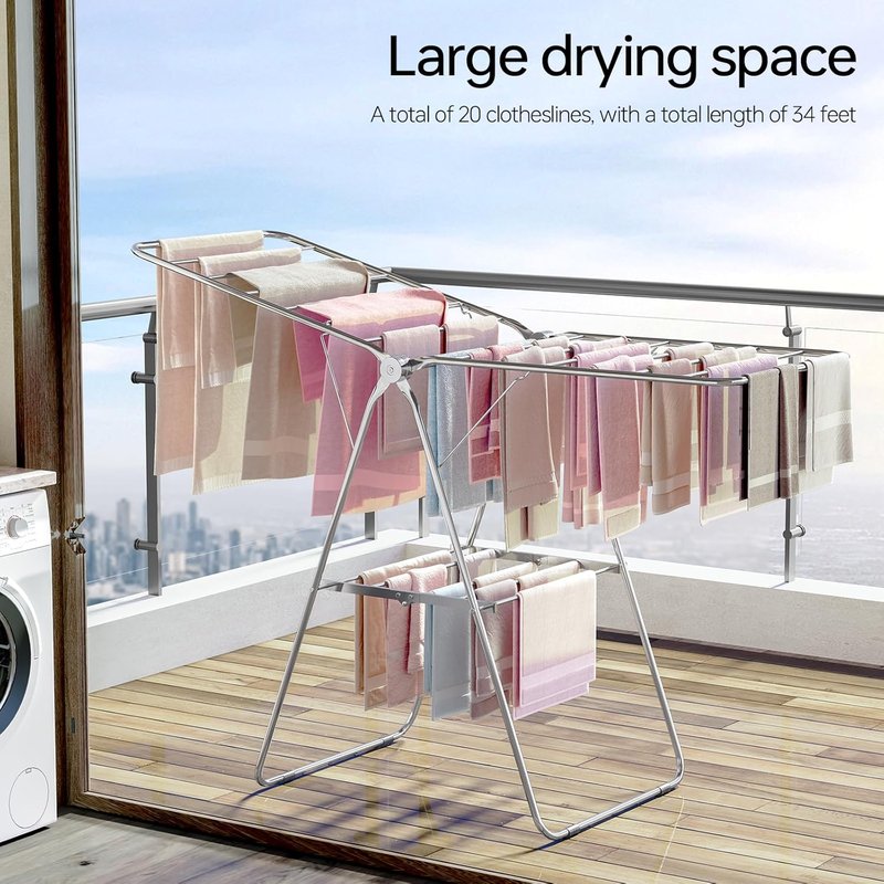 Folding Clothes Drying Rack - Stainless Steel, Height-Adjustable, Space-Saving | Indoor/Outdoor Use, Chrome Finish
