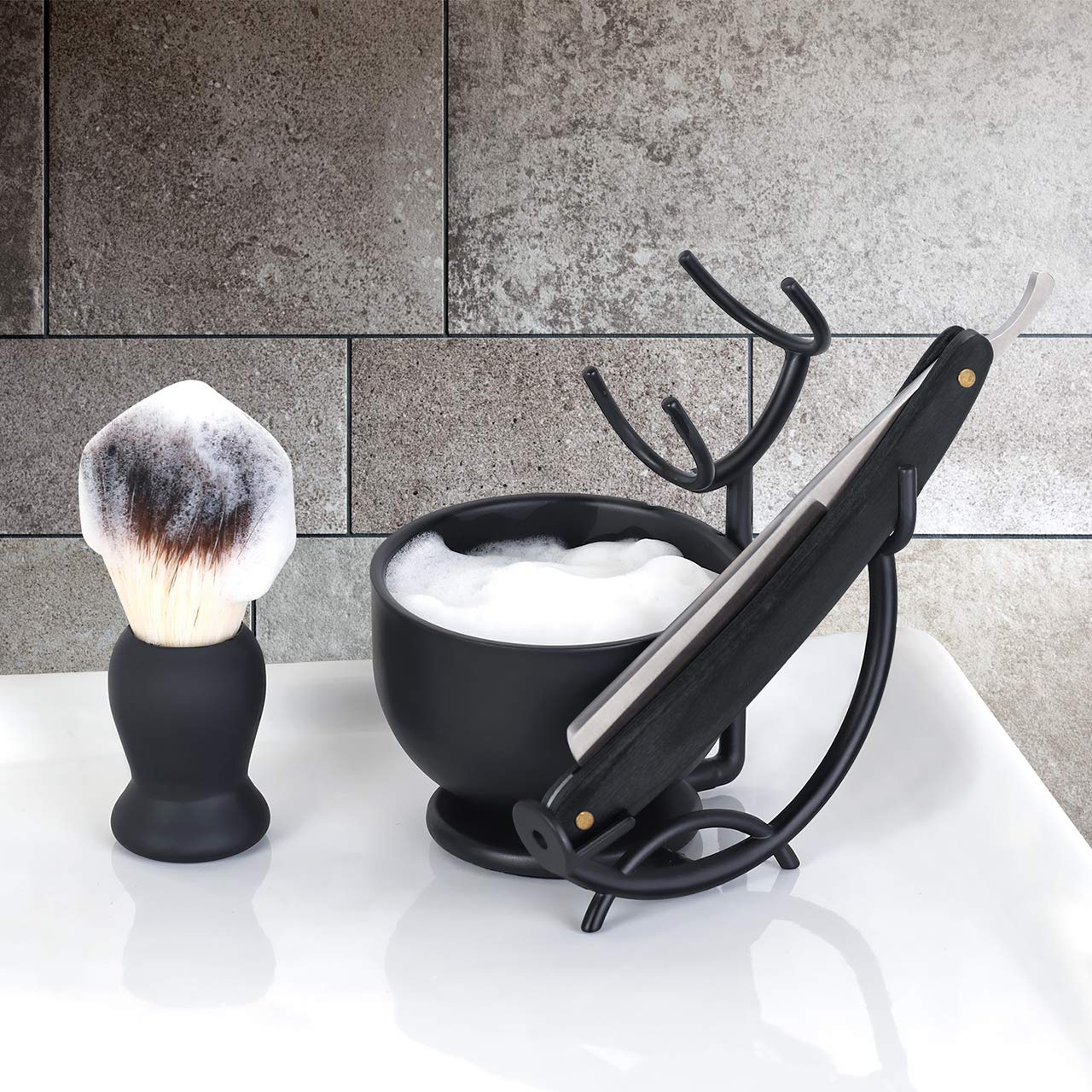Grooming Shaving Kit for Men - Stainless Steel Razor Stand & Brush | Perfect Christmas Gift for Dad or Husband