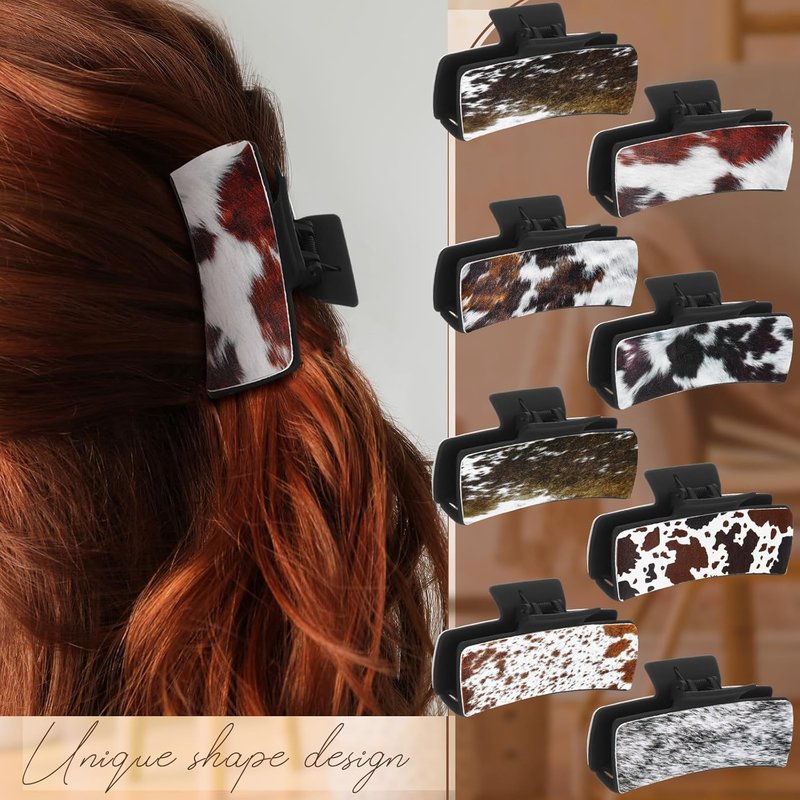 Western Hair Claw Clips - 8 Pcs Cow Print Leather Accessories | Perfect Gift for Girls & Women
