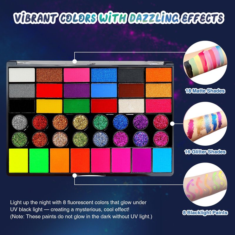 42 Color Face Painting Kit for Party – Non-Toxic Water-Activated Face & Body Paint Palette with Stencils, Brushes & Gems, Long-Lasting, Easy Wash, Ideal for Carnival, Halloween, Cosplay & Festivals
