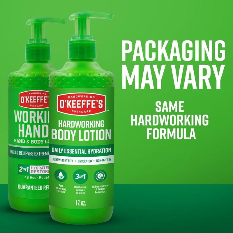 O’Keeffe’s Hardworking Body Lotion, Deep Hydration for Extremely Dry & Cracked Skin, 12 oz Pump (2 Pack), Fragrance-Free & Hypoallergenic, Non-Greasy Fast-Absorbing Formula