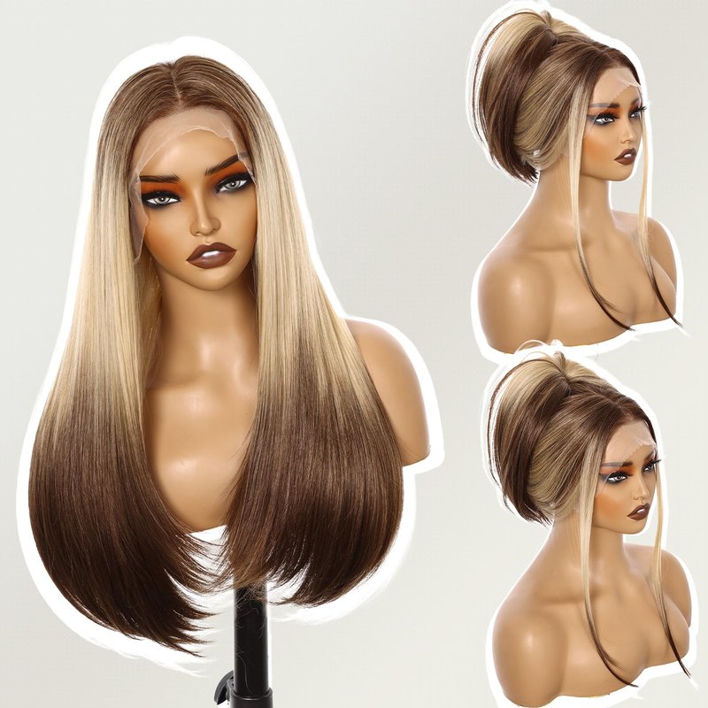 Worldnewhair Blonde to Brown Ombré Siamese Cat Style Synthetic Wig 26 Inch - 13x4 HD Lace Front Wigs for Women, Pre Plucked Pre Cut Long Straight Heat Resistant Fiber Pre-styling Hair for Daily