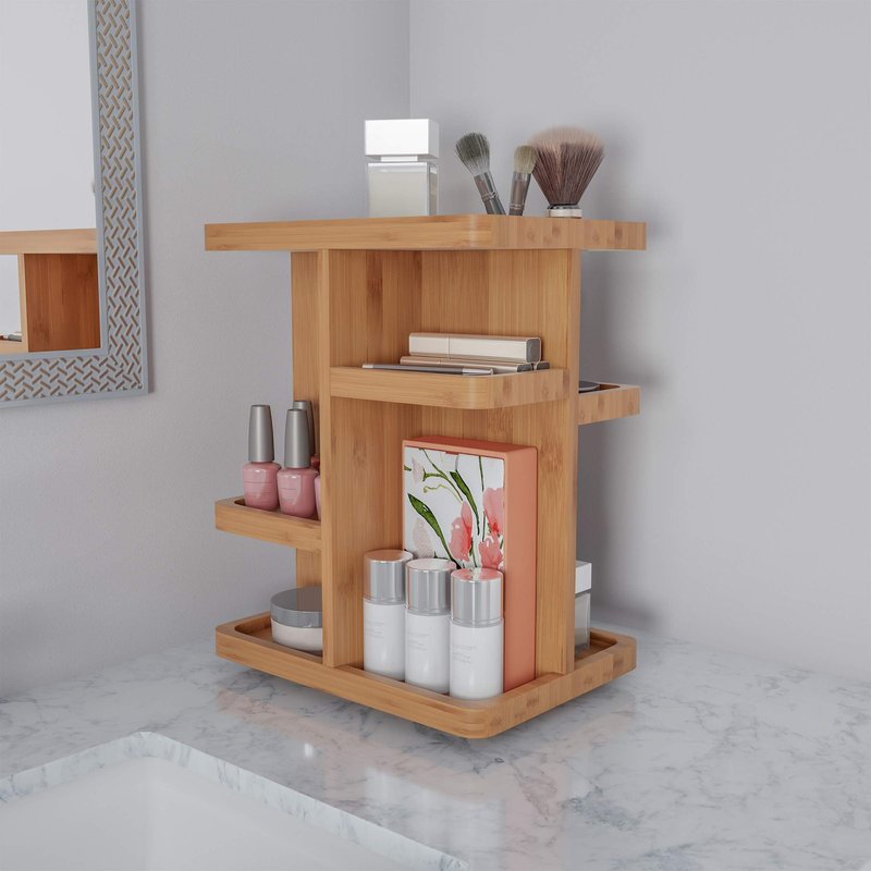 Makeup Organizer - Rotating Eco-Friendly Compact Modern Bamboo Skincare Cosmetic and Vanity Carousel for Bedroom, Bathroom, and Dorm by Lavish Home