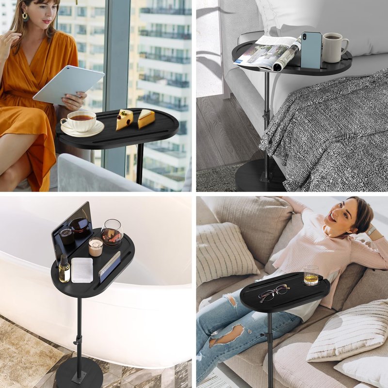 NiHome Bamboo Swivel Sofa Armrest Tray Table for Couch with Thickened Stable Base, Adjustable Height TV Tray Side Table with 360° Rotating for Bath Tub Hot Tub Bedside Balcony, Black