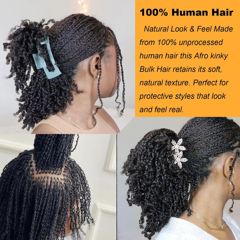 EV&ET Pre-sretched Afro Kinkys Bulk Human Hair Human Hair for Locs/Twists/Braids/Repair Locs Afro Kinky Curly Bulk Can Bleach And Dye (Natural black, 12inch 50g)