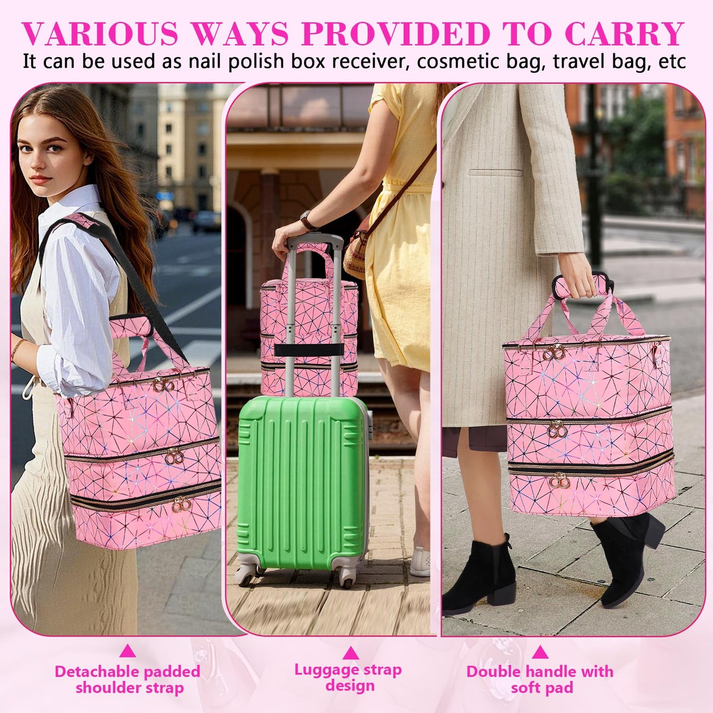 QIYFDDF Nail Polish Organizer Bag,3-layer Pink PU Leather Nail Organizer and storage,Holds 84 Bottles of Nail Polish and Nail Lamp,Large Holder Travel Carrying Case.