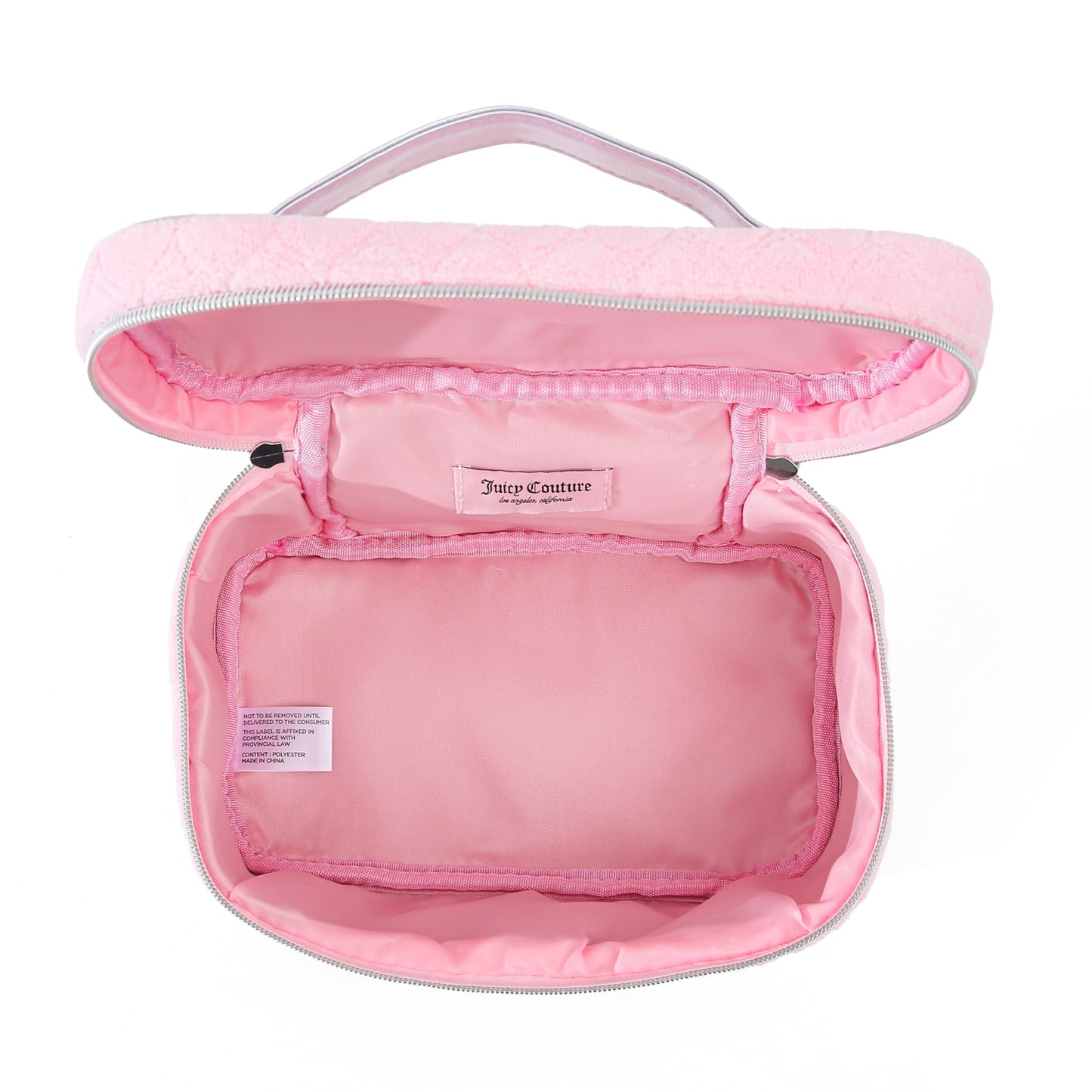 Juicy Couture Pink Makeup Bag Cosmetics Organizer Travel Essentials Train Case Terry Cloth Simulated Pearl Logo