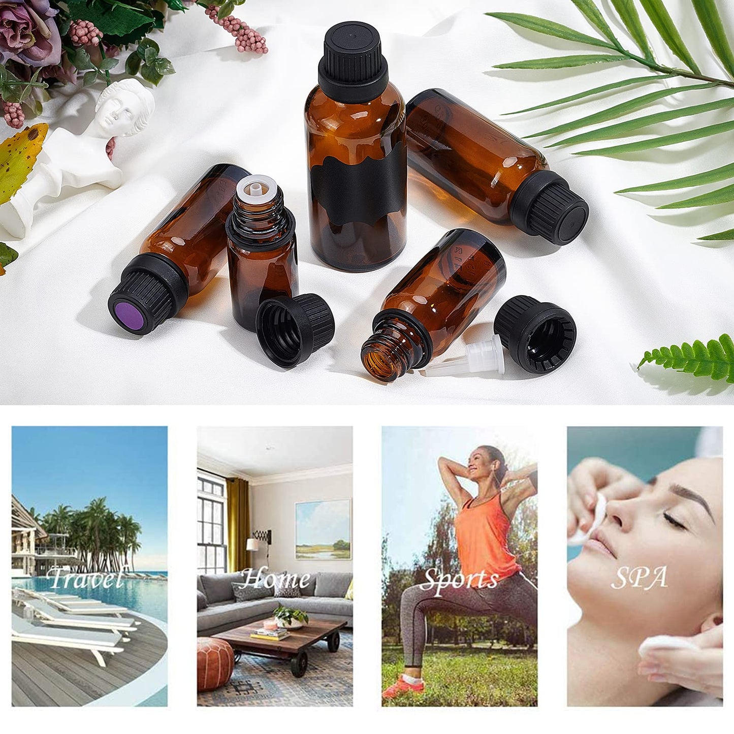 BENECREAT 24 Pack 15ml Brown Glass Essential Oil Bottles Refillable Container Kits with Plastic Droppers, Funnel Hoppers and Sticker for Aromatherapy Fragrance Cosmetic Oil