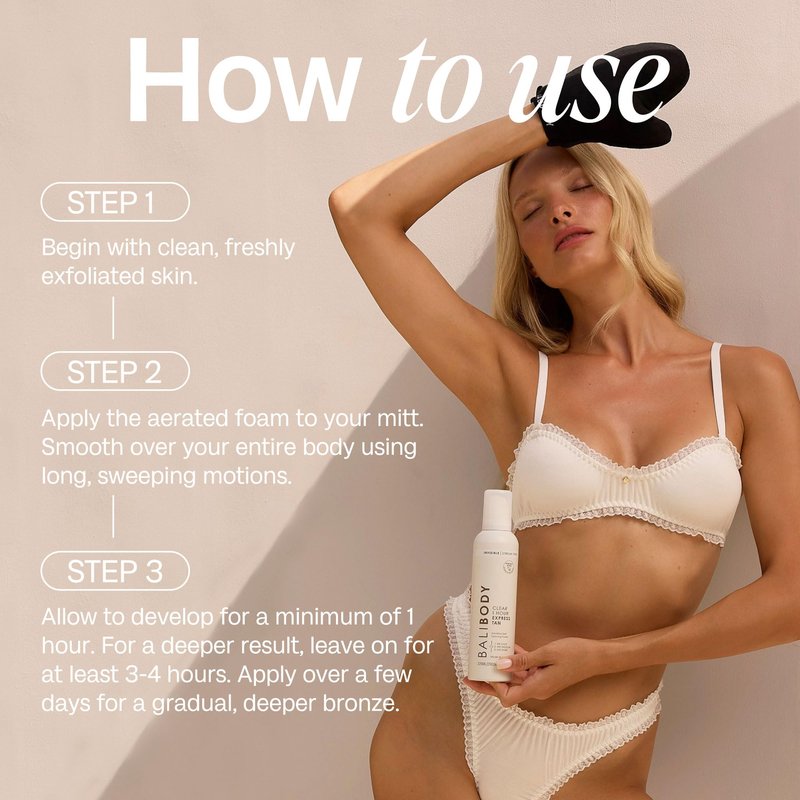 BALI BODY Clear 1 Hour Express Self Tanner โ Fast-Acting, Weightless Self Tanner for Natural Bronze โ No-Transfer, Hydrating Quick Tan Mousse for Smooth, Radiant Skin