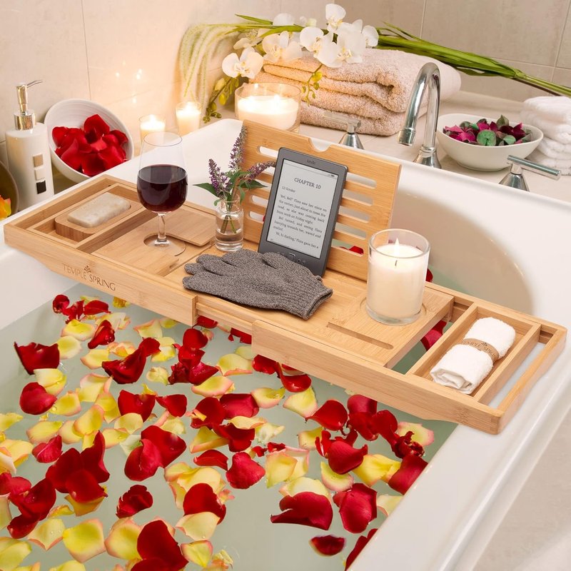 Bamboo Bathtub Tray Caddy - Expandable Wood Bath Tray with Book Stand & Wine Holder | Luxury Spa Gift Set