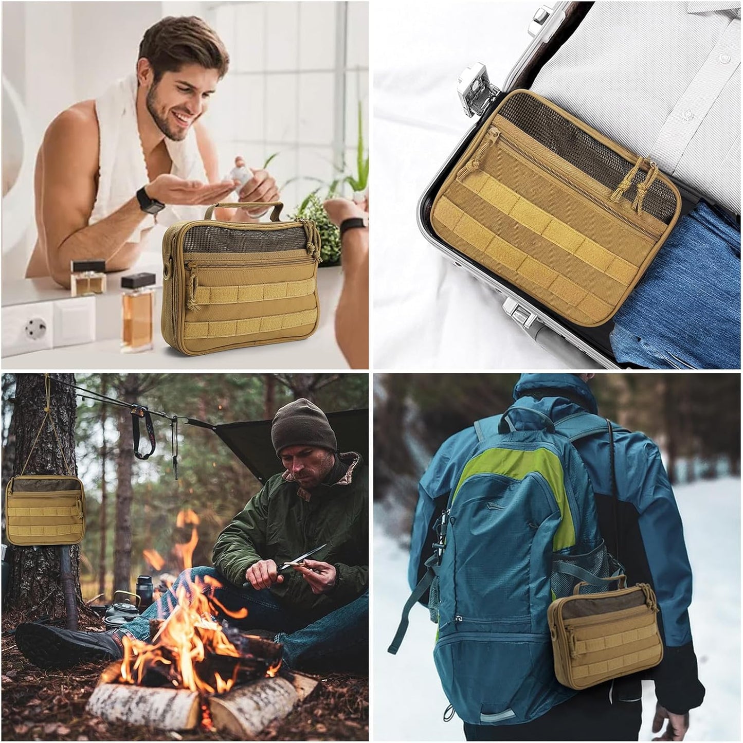 Tactical Travel Toiletry Bag - Hanging Organizer for Men & Women | Dopp Kit for Camping & Short Trips - Khaki
