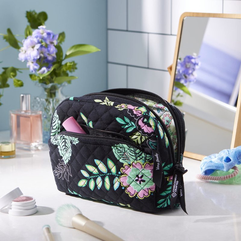 Vera Bradley Women's Cotton Medium Cosmetic Makeup Organizer Bag, Soft Sky Paisley, One Size