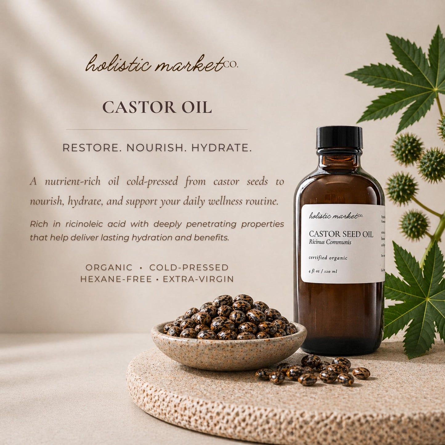 Holistic Market Co. Castor Oil Certified Organic 100% Pure Cold Pressed Hexane Free Extra Virgin Premium Quality For Use In Castor Oil Packs