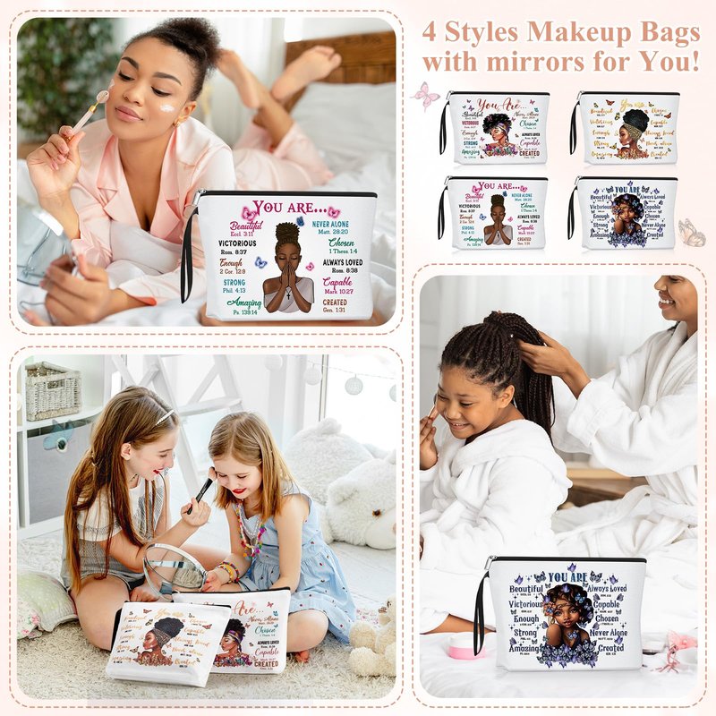 Roowest 40 Pcs Black Women Gifts Bulk Makeup Bag with Inspirational Compact Mirrors, Funny Small Travel Cosmetic Gifts for Vbs Back to School Teacher Students Black Women