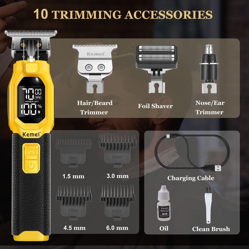 KEMEI 1878 Beard Trimmer for Men, 3 in 1 Hair Clippers, Shavers for Men, Cordless Nose Hair Trimmer with Removable Head, LED Display