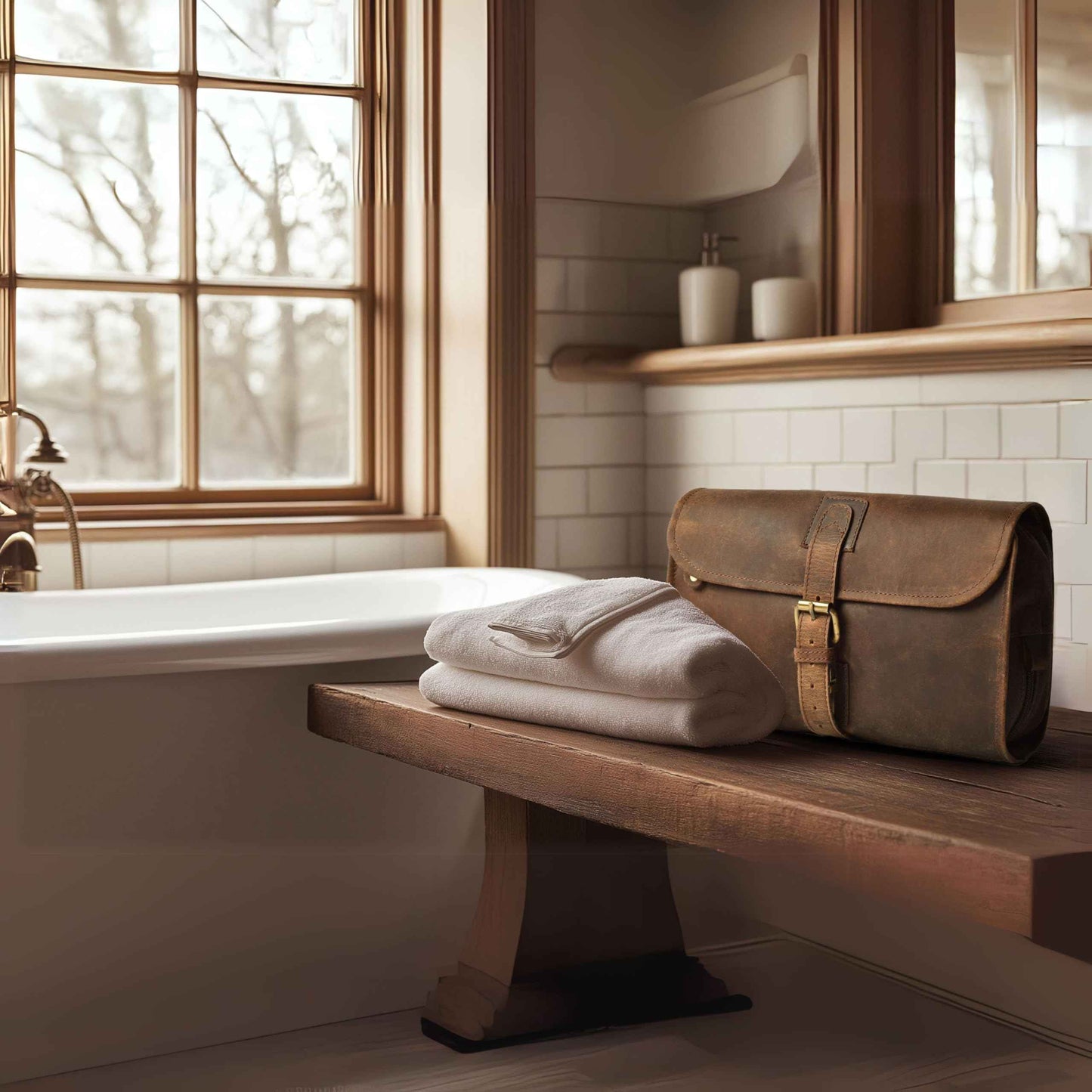 LEATHER VILLAGE Hanging Leather Toiletry Bag for Men & Women, Handcrafted Vintage Cosmetic & Shaving Organizer Travel Dopp Kit Shower Bag - Brown