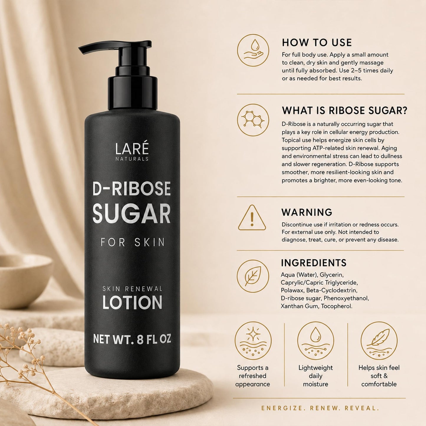 Laré Naturals Ribose Sugar for Skin - Ribose Cream - D-Ribose - Working Hands Cream - Lightweight Moisturizer with D-Ribose & Vitamin E - 8 fl oz - Unscented