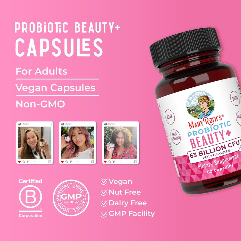 MARYRUTH'S Probiotic Beauty Capsules + Red Orange Complex & Ceramosides | Vegan Collagen Support | Anti Aging | Gut Health | Hair Skin and Nails Vitamins | Skin Care | Biotin | Non-GMO | 60 Count