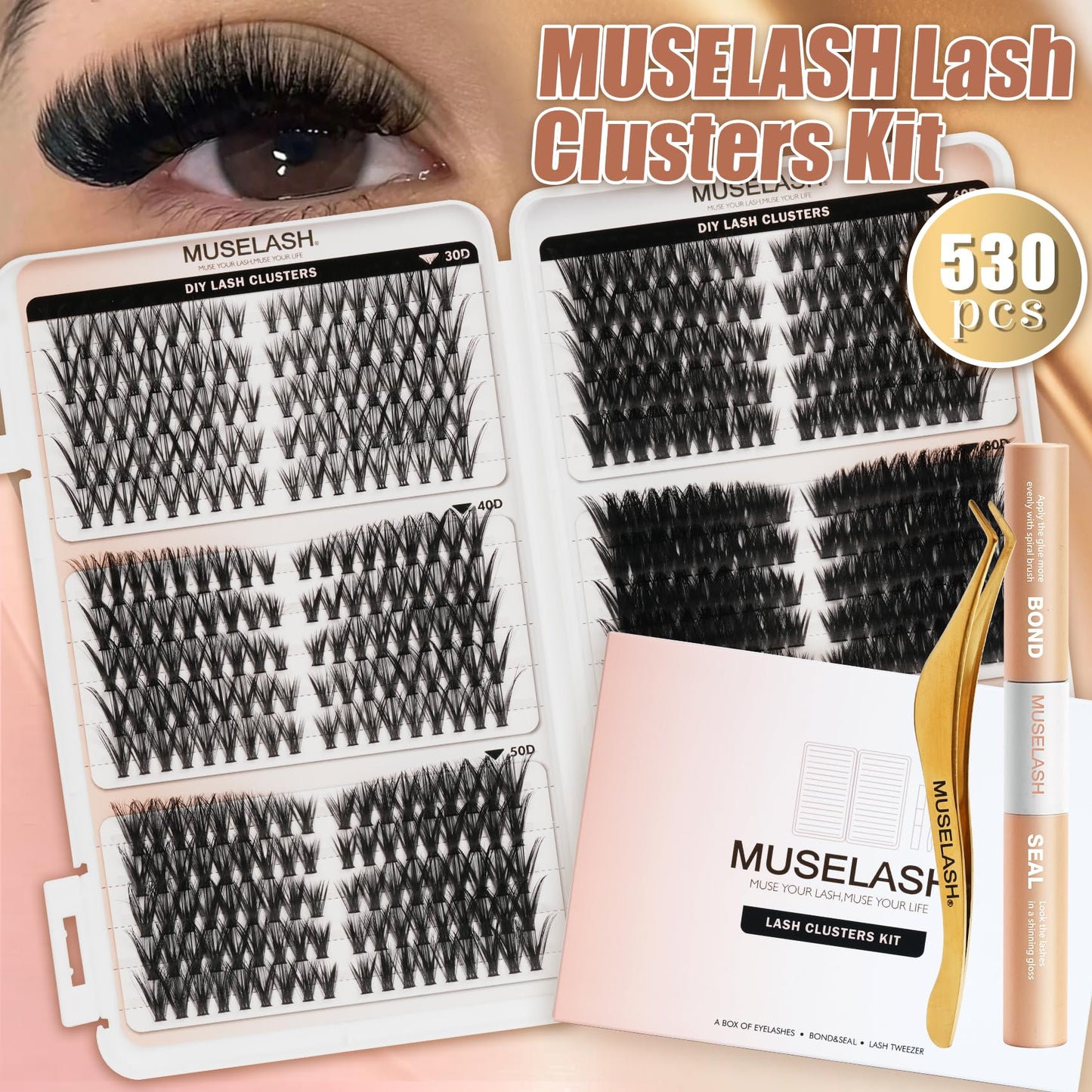 MUSELASH Lash Clusters Kit 530pcs Eyelash Clusters 30D-100D Pre Map Volume Cluster Eyelash Extensions Kit 8-16mm Mix Lengths Wispy Lashes Clusters Kit with Lash Bond and Seal Tweezers