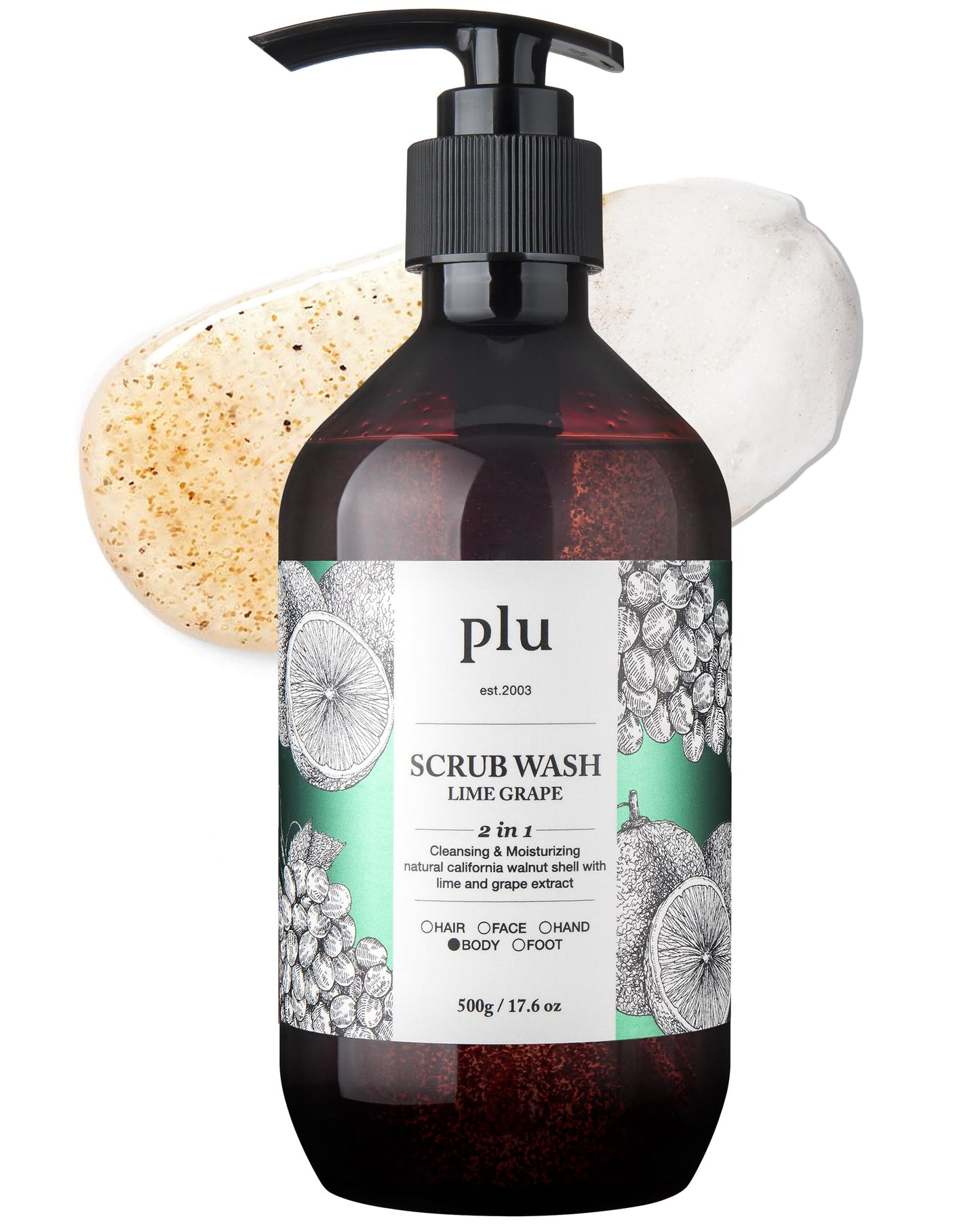 PLU Scrub Body Wash Lime Grape – Korean Exfoliating Body Cleanser - Hydrating, Nourishing, Radiant Glow Skin - Fresh Lime & Green Grape Scent - Hypoallergenic, 16.9 fl.oz.