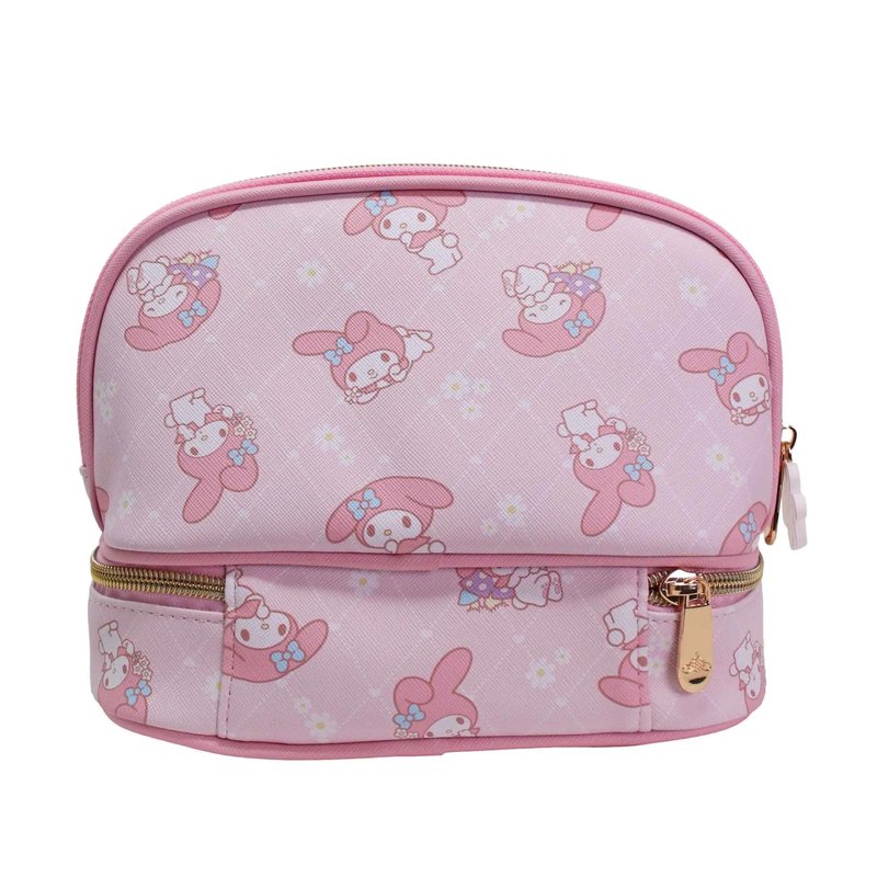 Impressions Vanity My Melody Double Layer Makeup Bag with Top and Bottom Zippered Compartments, My Melody Print Artwork Makeup Organizer with Faux Saffiano Leather, Inner Slip Pocket and Gold Hardware