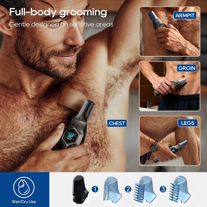 Beard Trimmer for Men - IPX7 Waterproof Cordless Hair Clippers with Snap-On Heads | Grooming Kit for Mustache, Body, Face, Ear, Nose - Gray