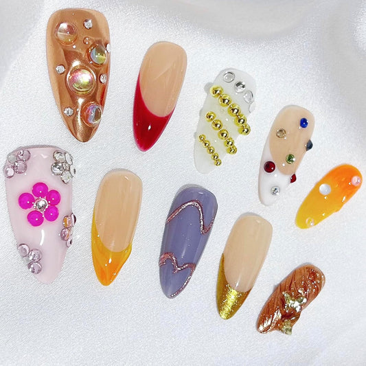 Handmade Almond Press-On Nails with 3D Flower Design - Reusable 10pcs Set for Women (Candy Bubble, Medium)