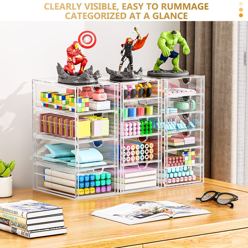 Acrylic 3 Pack Desk Organizers and Accessories, Makeup Organizer Storage With 15 Drawers, Desk Organizers, Dustproof Drawer Organizer and Storage for Make Up, Jewelry, DIY Pen