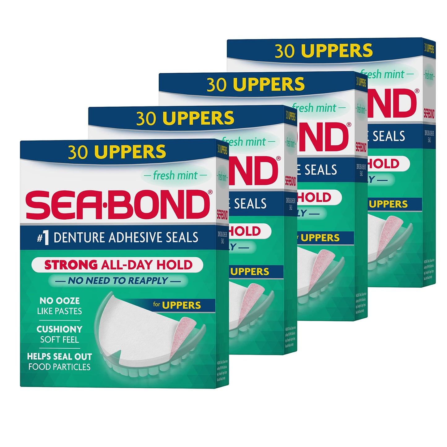 Sea Bond Secure Denture Adhesive Seals, Original Lowers, Zinc-Free, All-Day-Hold, Mess-Free, 30 Count (Pack of 4) & Secure Denture Adhesive Seals, Fresh Mint Uppers